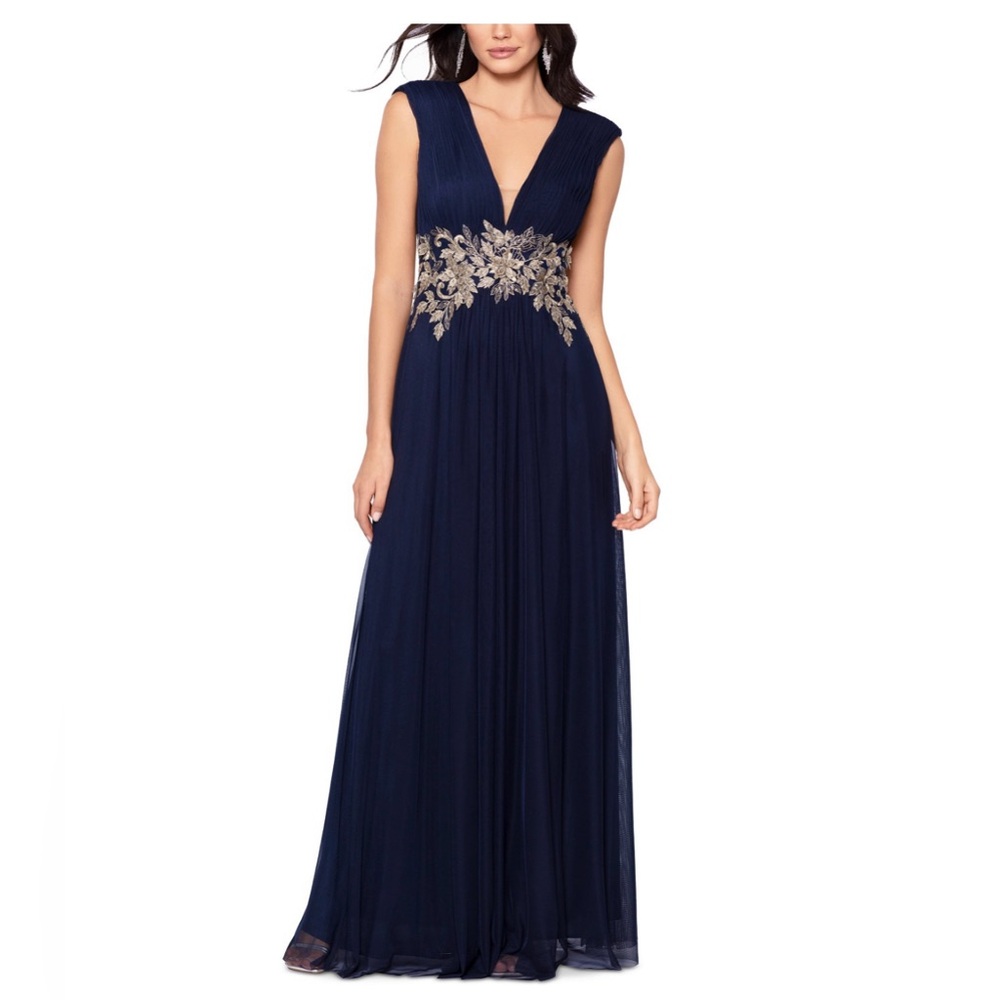 Betsy & Adam Navy and Gold Embellished Gown